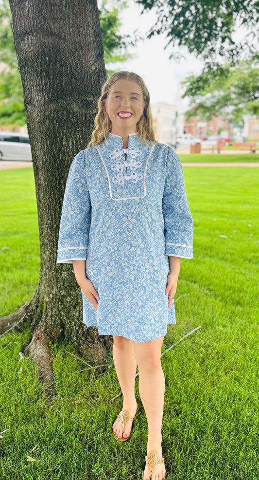 Oriental Vibe Blue Jacquard Dress