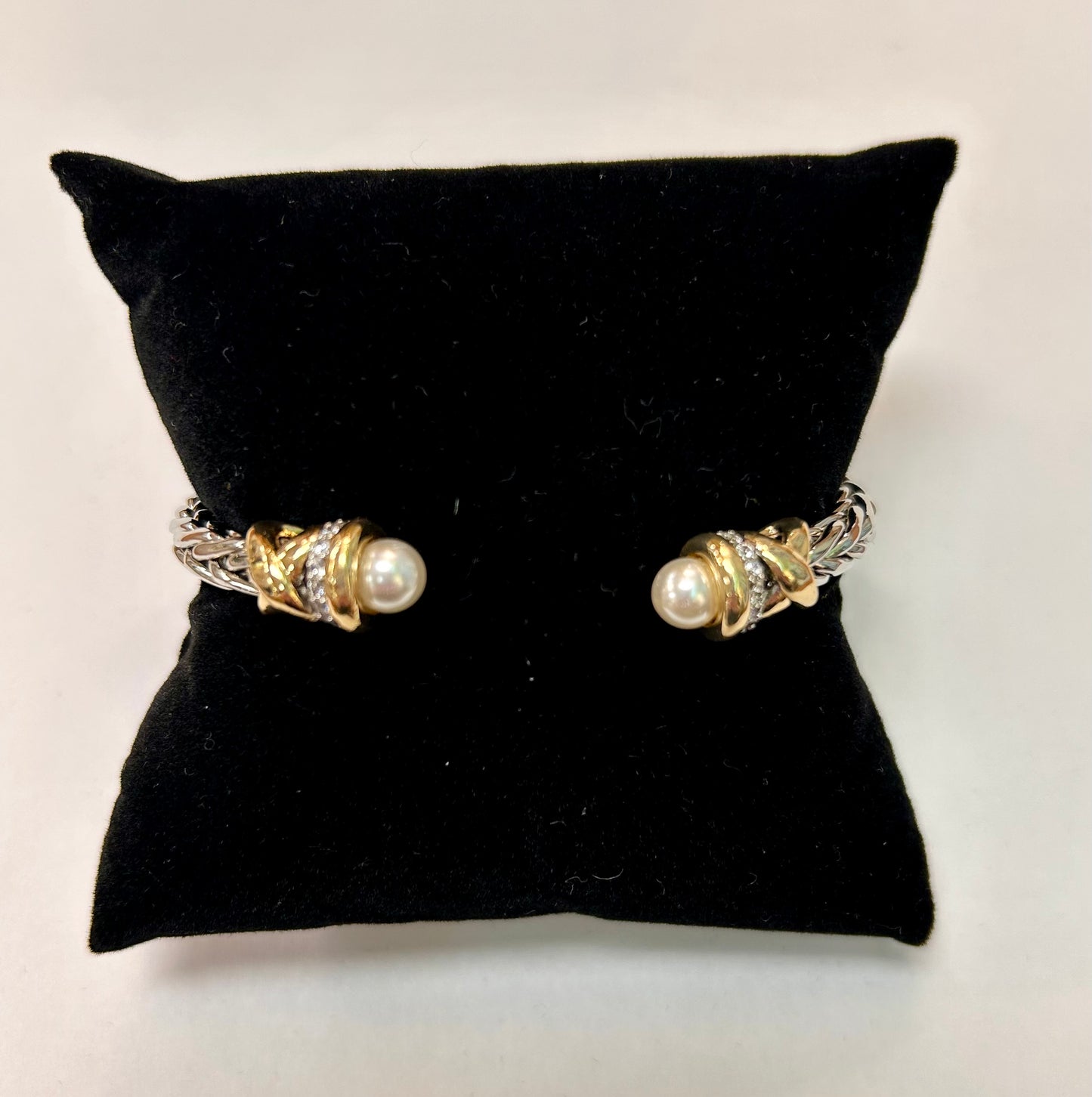 Two-tone Rhodium Braided Bracelet with Pearl Accents