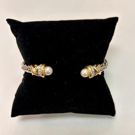 Two-tone Rhodium Braided Bracelet with Pearl Accents