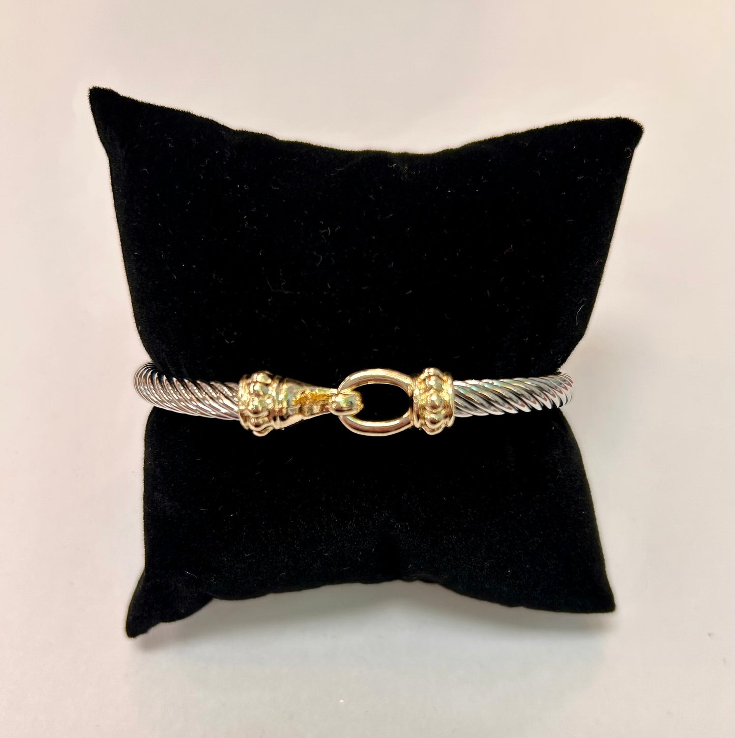 Two-tone Rhodium Corded Bracelet with Gold Beaded Hook Closure