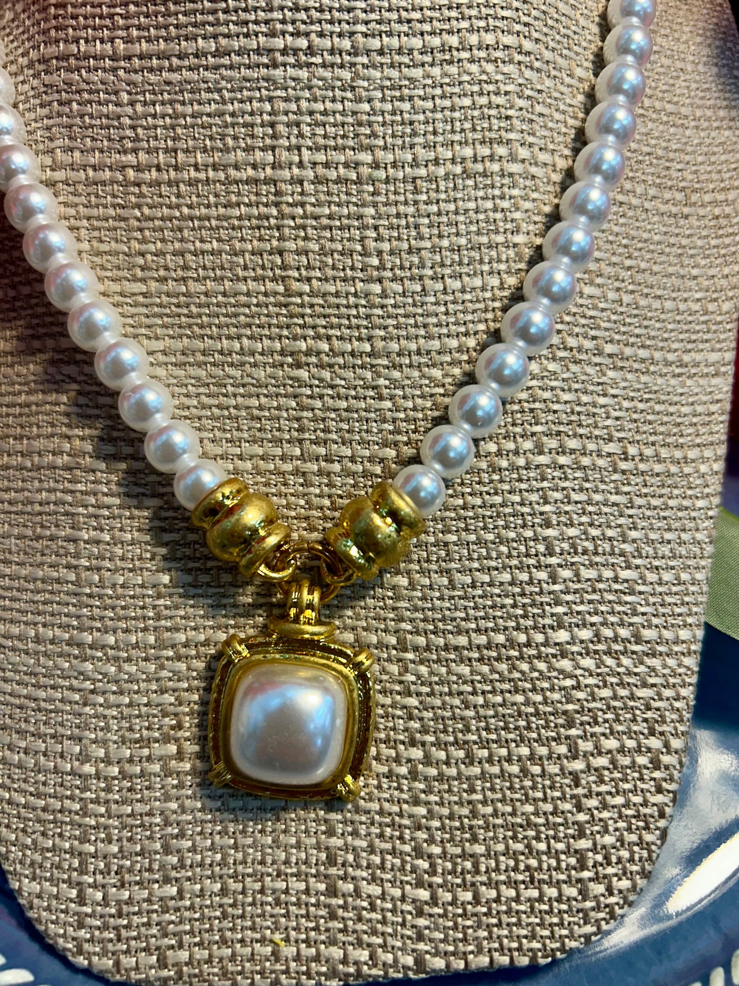 Gold Framed Pearl Drop Necklace