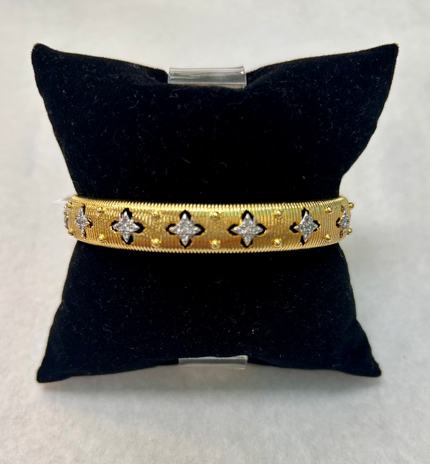 14k Gold Plated Cuff Bracelet with Rhinestone Flower Design
