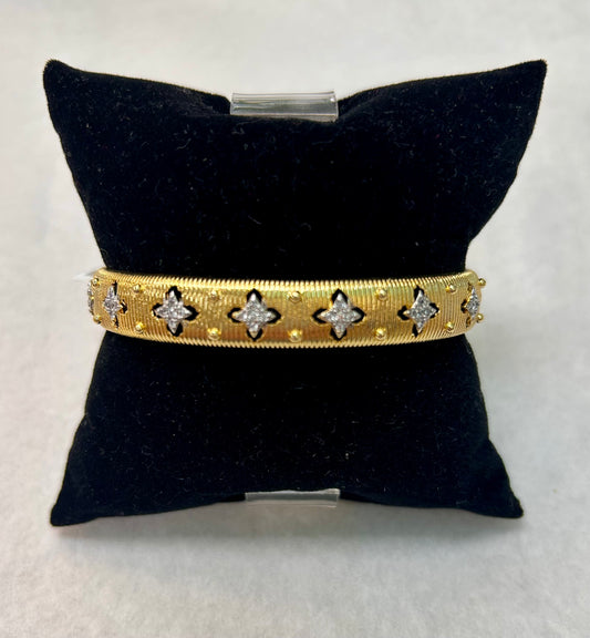14k Gold Plated Cuff Bracelet with Rhinestone Flower Design