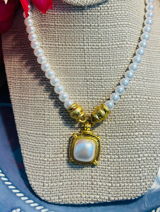 Gold Framed Pearl Drop Necklace
