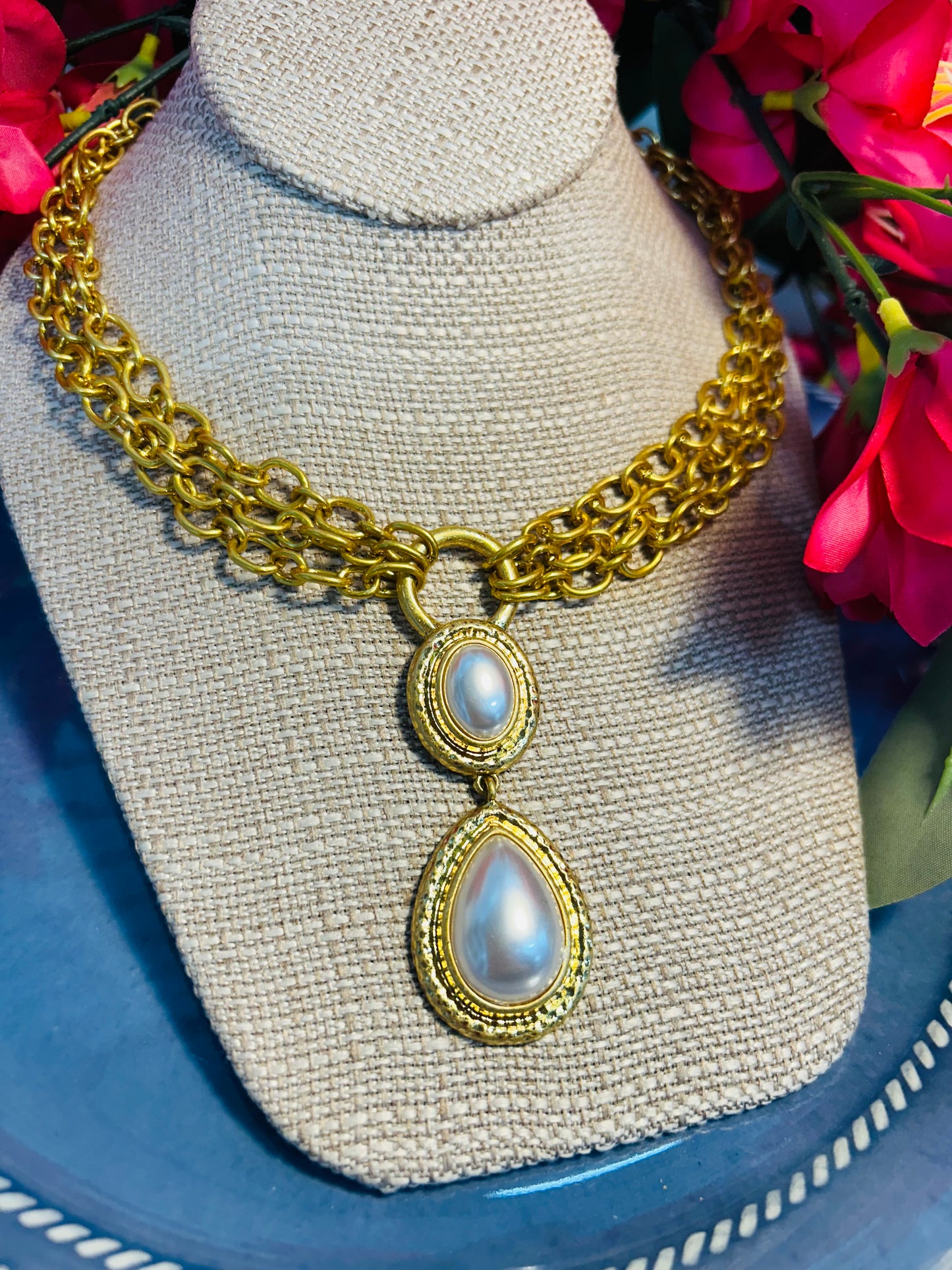 Double Drop Golden Pearl Necklace