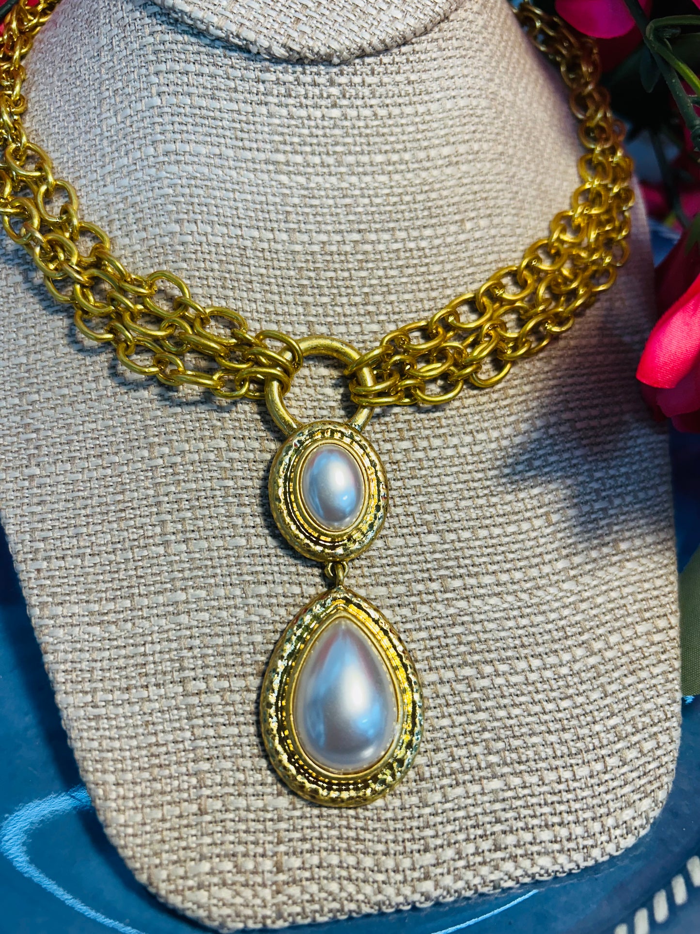 Double Drop Golden Pearl Necklace