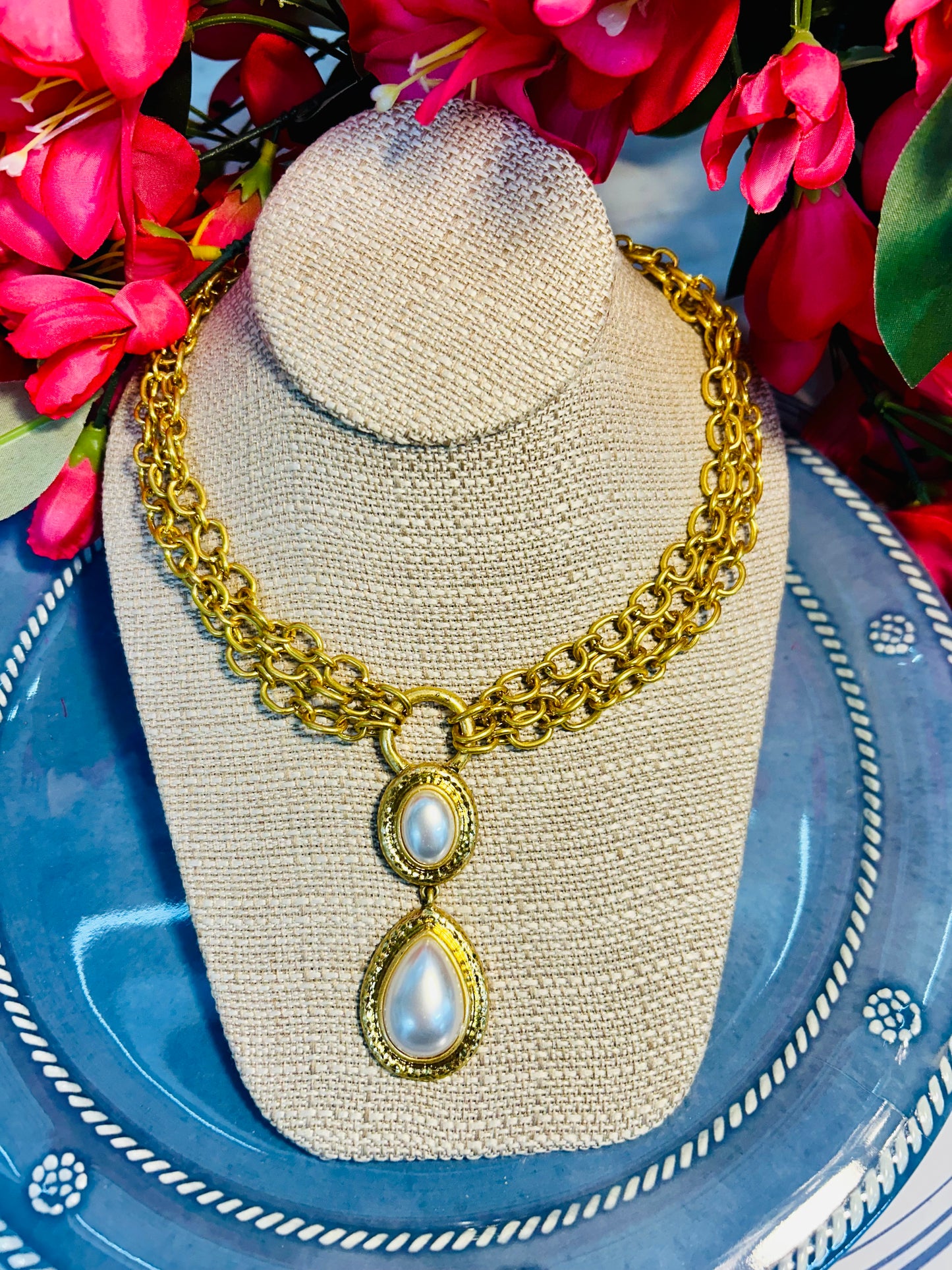 Double Drop Golden Pearl Necklace