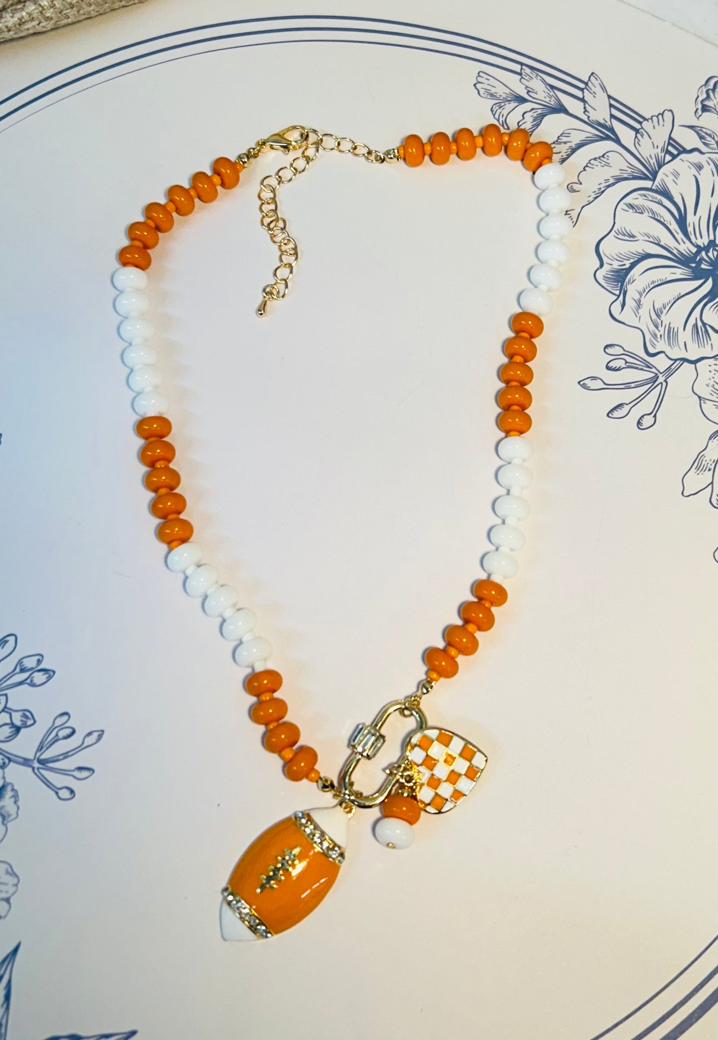 Orange and White Beaded TN Vols Charm Necklace