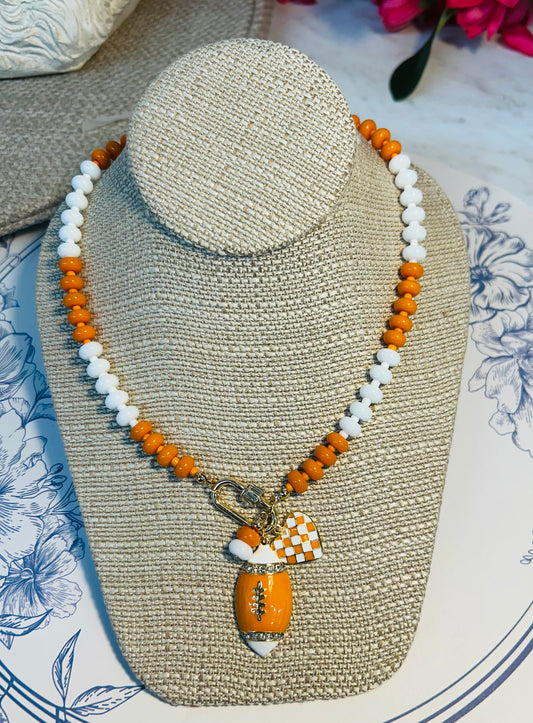 Orange and White Beaded TN Vols Charm Necklace