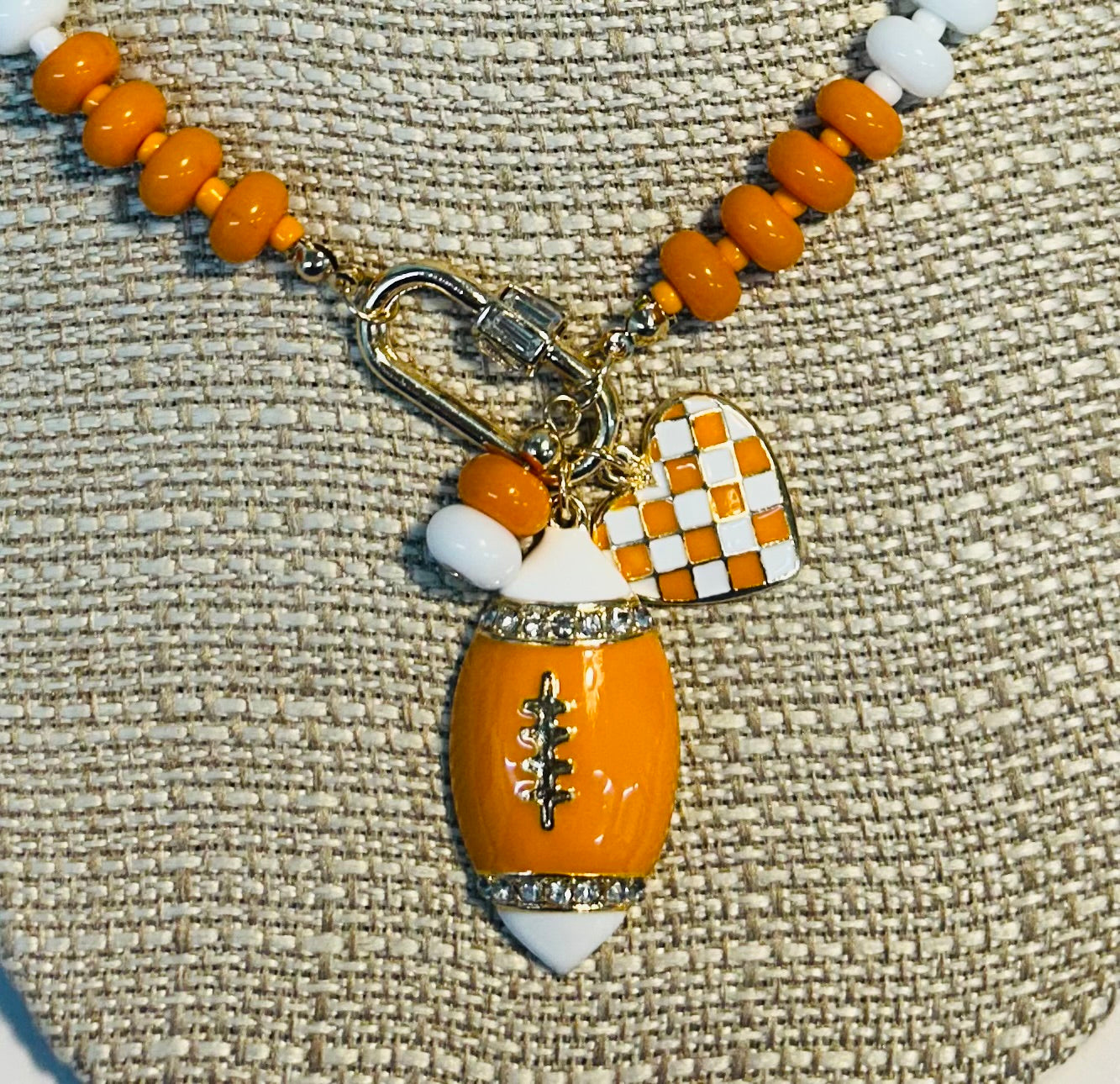 Orange and White Beaded TN Vols Charm Necklace