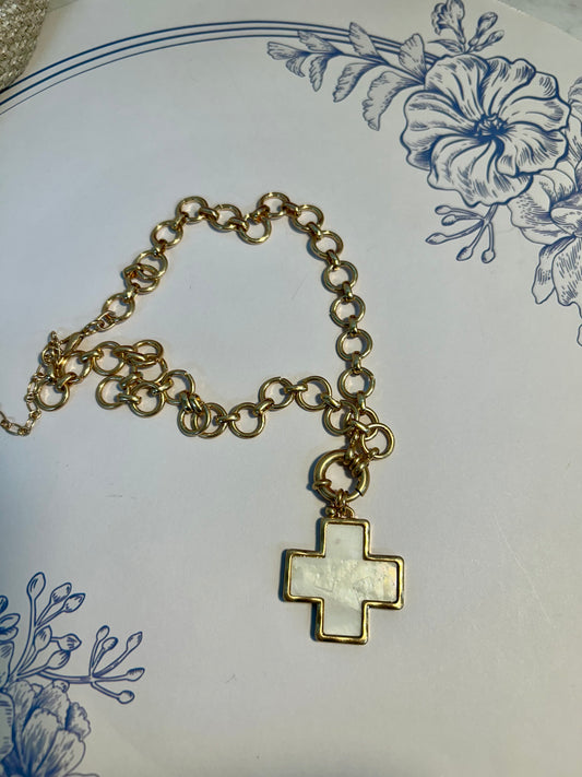 Gold Link Marbled Pearl Cross Necklace