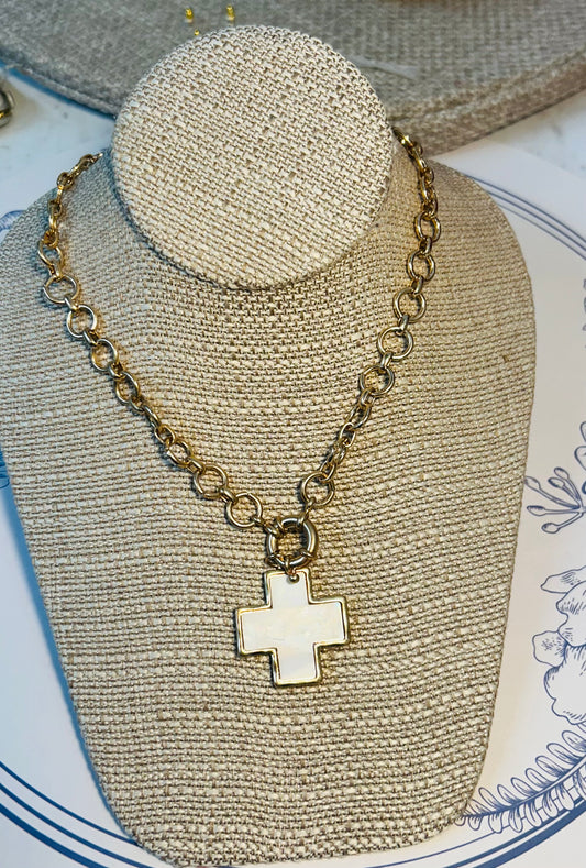 Gold Link Marbled Pearl Cross Necklace