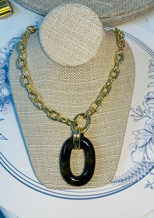 Gold Link Necklace with Light Brown Pendant