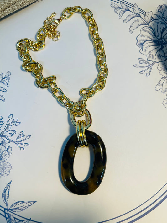 Gold Link Necklace with Light Brown Pendant