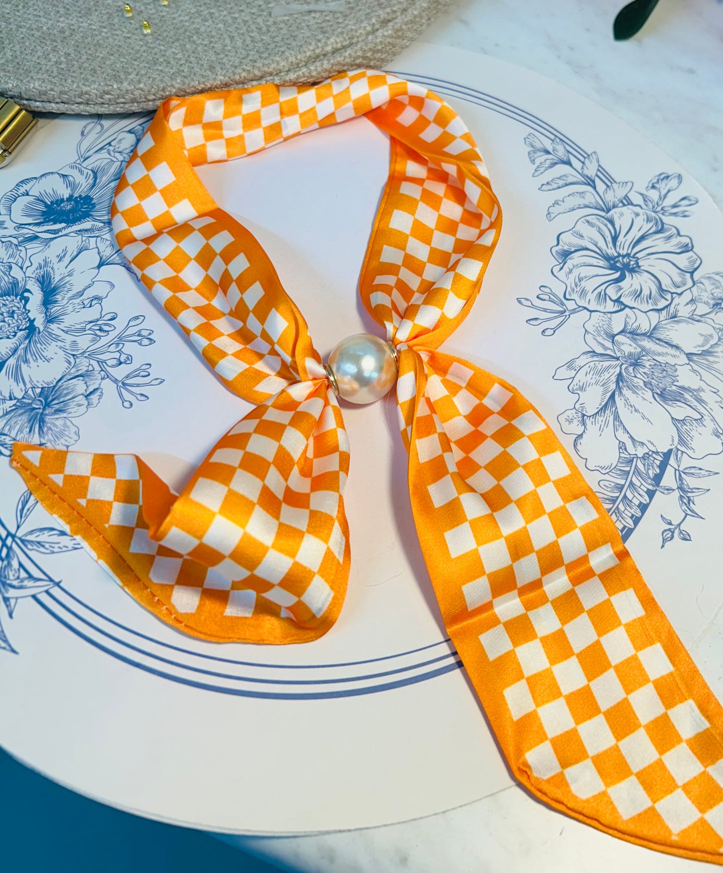 Orange & White Checkered Scarf with Magnetic Pearl