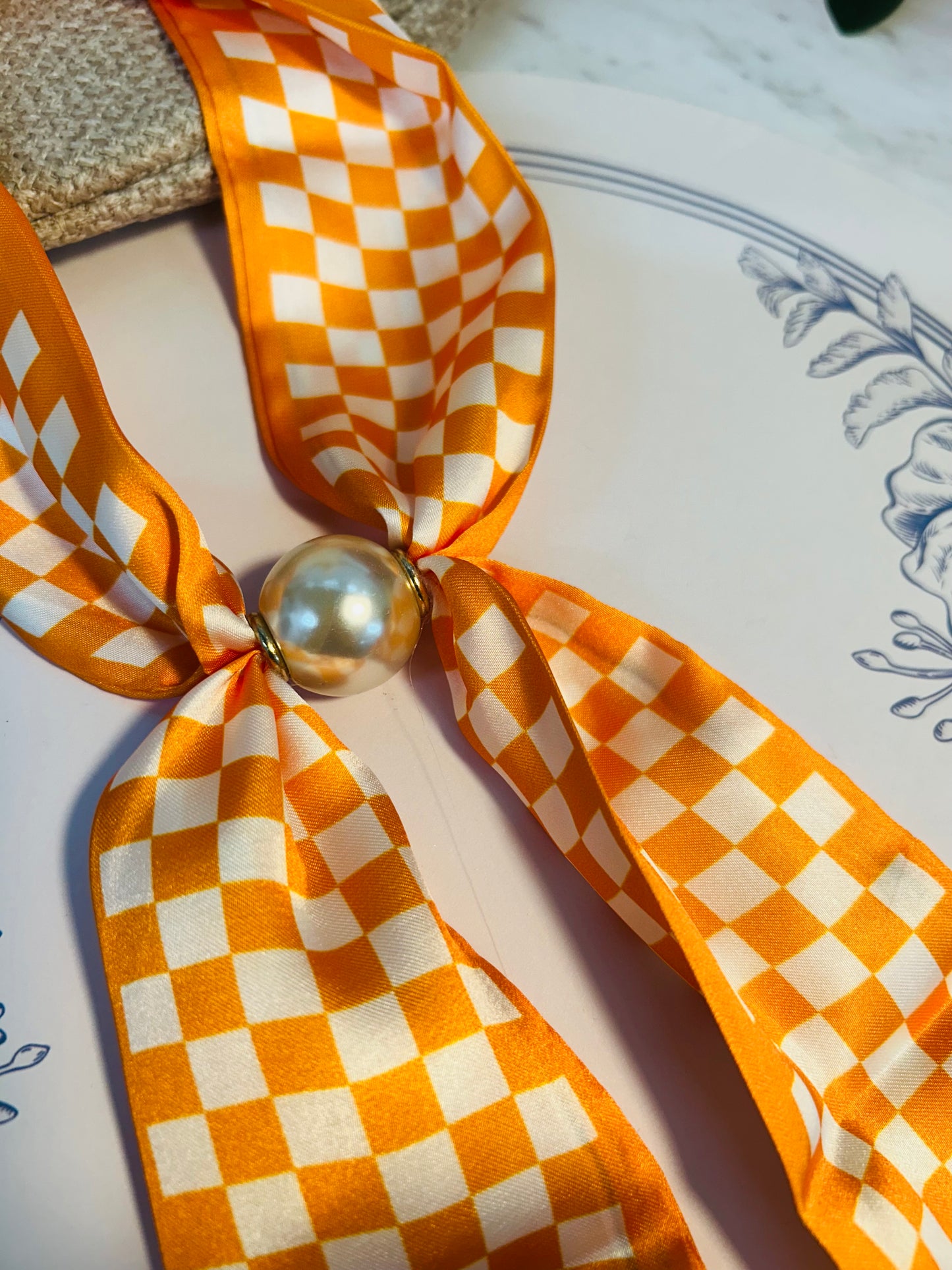 Orange & White Checkered Scarf with Magnetic Pearl