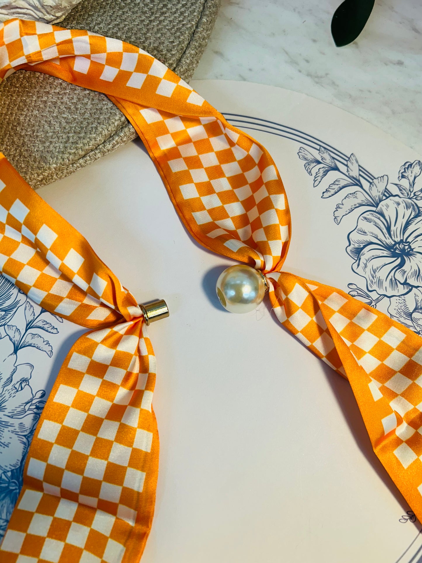 Orange & White Checkered Scarf with Magnetic Pearl
