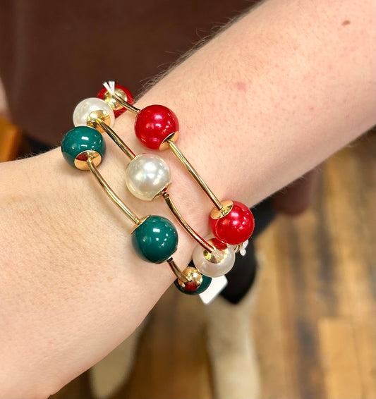 Red White and Green Pearl Stretch Bracelet Set