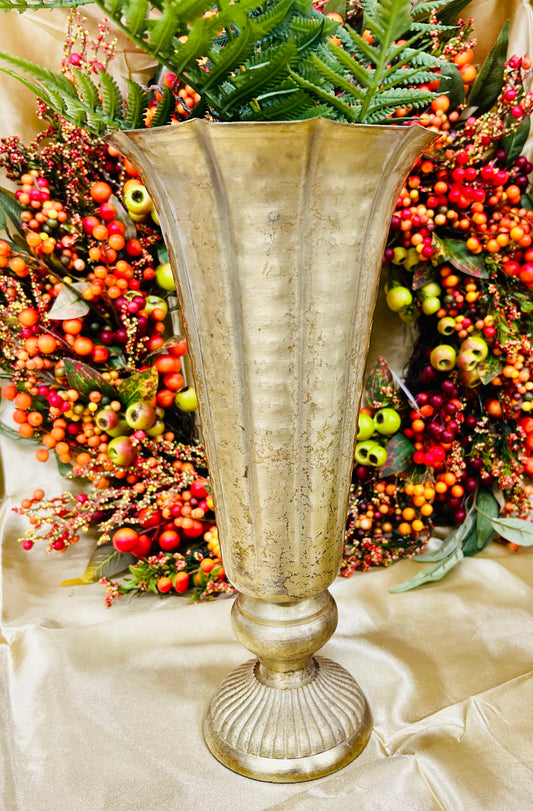 Gold Metal  Vase  Fluted Top