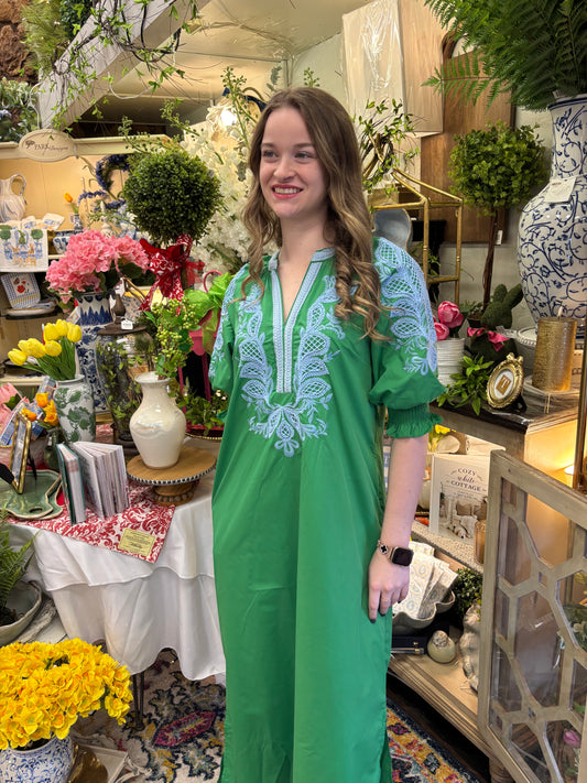 Kelly Green  with Blue Embroidered Detail Maxi Dress