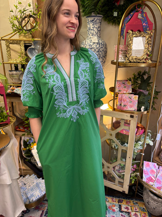 Kelly Green  with Blue Embroidered Detail Maxi Dress
