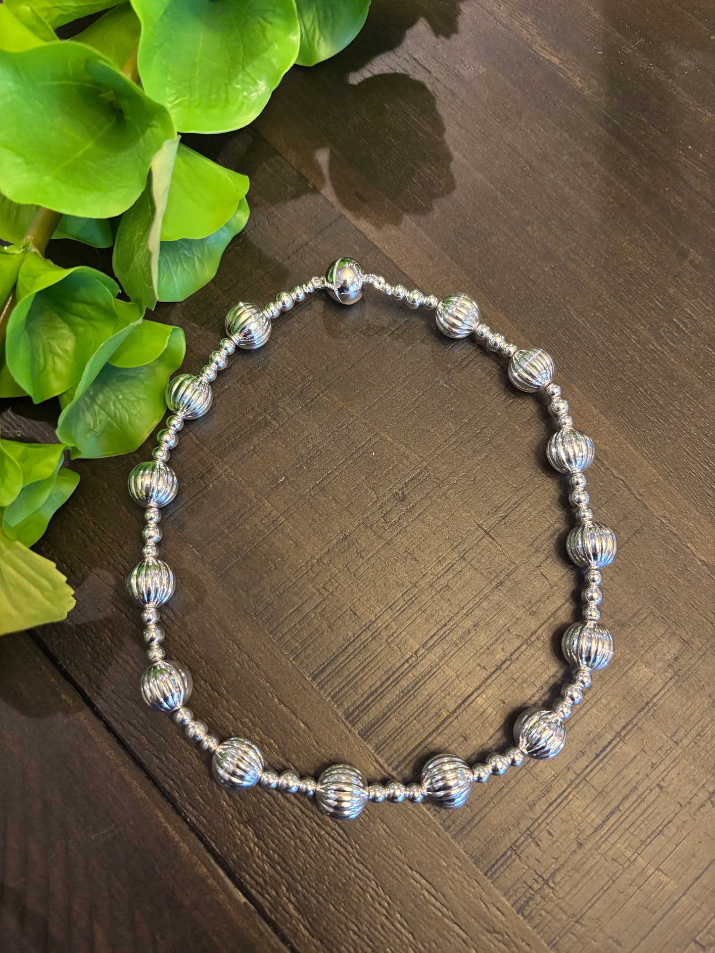Magnetic Ribbed Beaded Silver Necklace