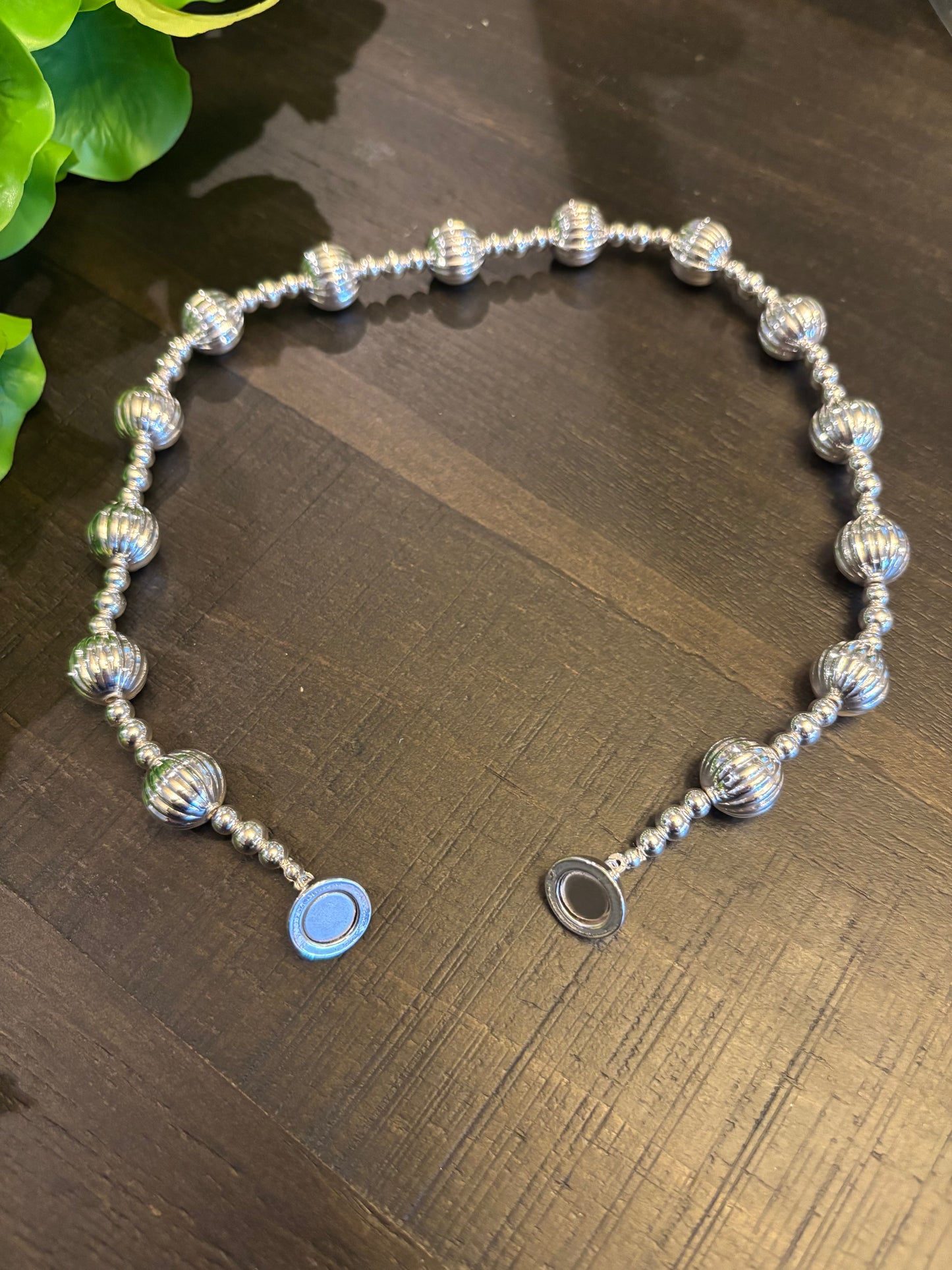 Magnetic Ribbed Beaded Silver Necklace