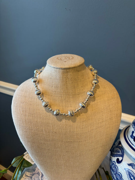 Magnetic Ribbed Beaded Silver Necklace