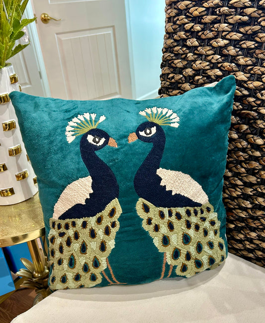 18" Square Velvet Pillow with Peacocks, Embroidery & Chambray