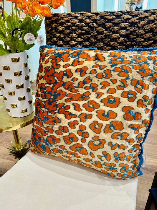 20" Square Cotton Velvet Pillow with Leopard Print Pattern & Tufted