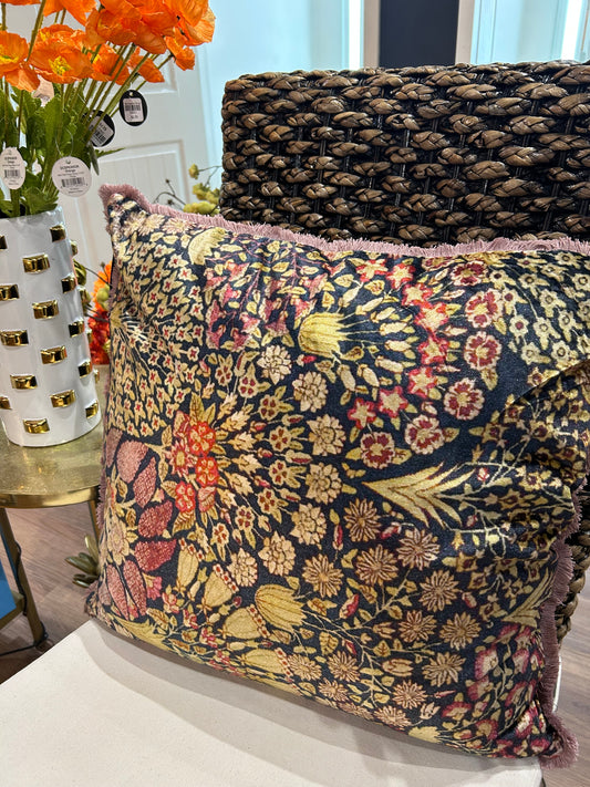 Cotton Velvet Printed Pillow w/ Botanical Pattern & Eyelash Fringe