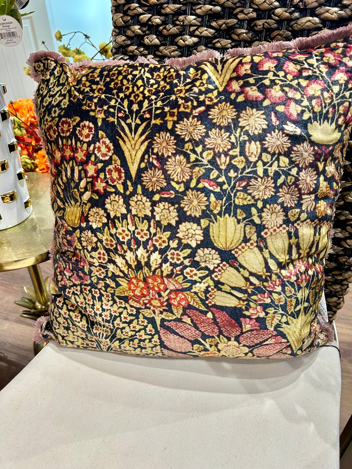 Cotton Velvet Printed Pillow w/ Botanical Pattern & Eyelash Fringe
