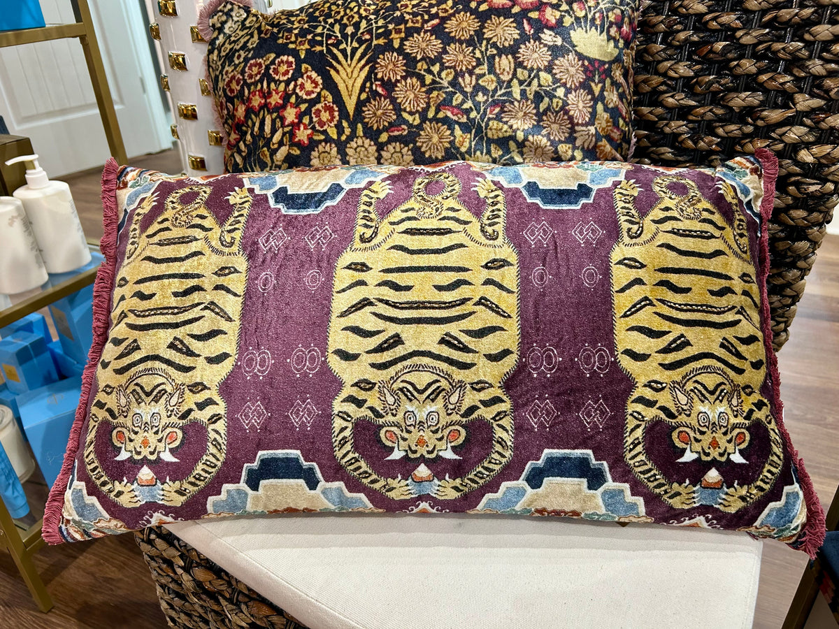 Cotton Velvet Printed Lumbar Pillow w/ Tibetan Tigers Pattern