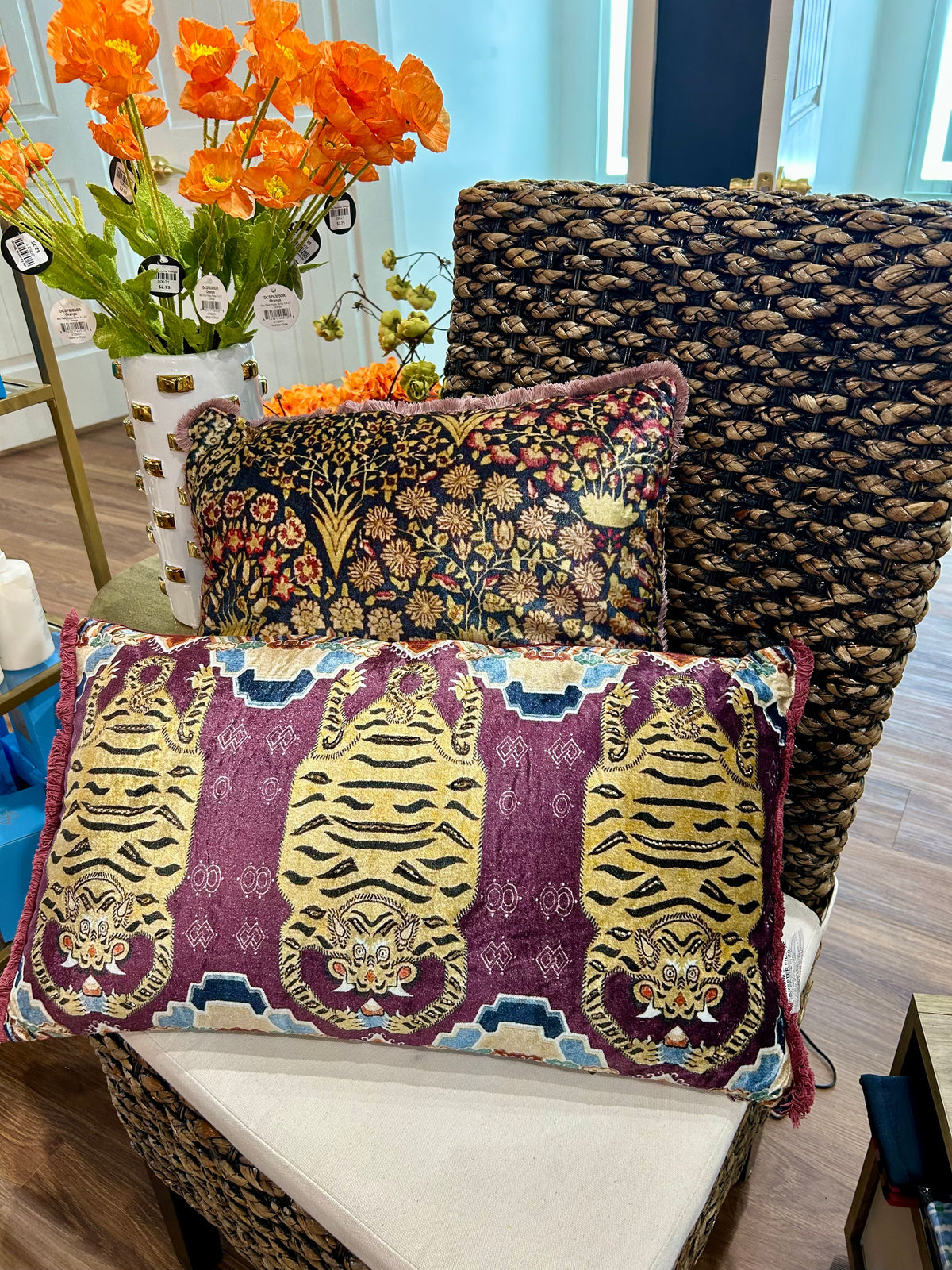 Cotton Velvet Printed Lumbar Pillow w/ Tibetan Tigers Pattern