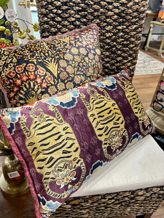 Cotton Velvet Printed Lumbar Pillow w/ Tibetan Tigers Pattern