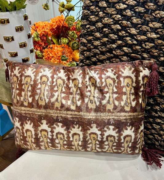 Cotton Velvet Ikat Printed Lumbar Pillow w/ Tassels