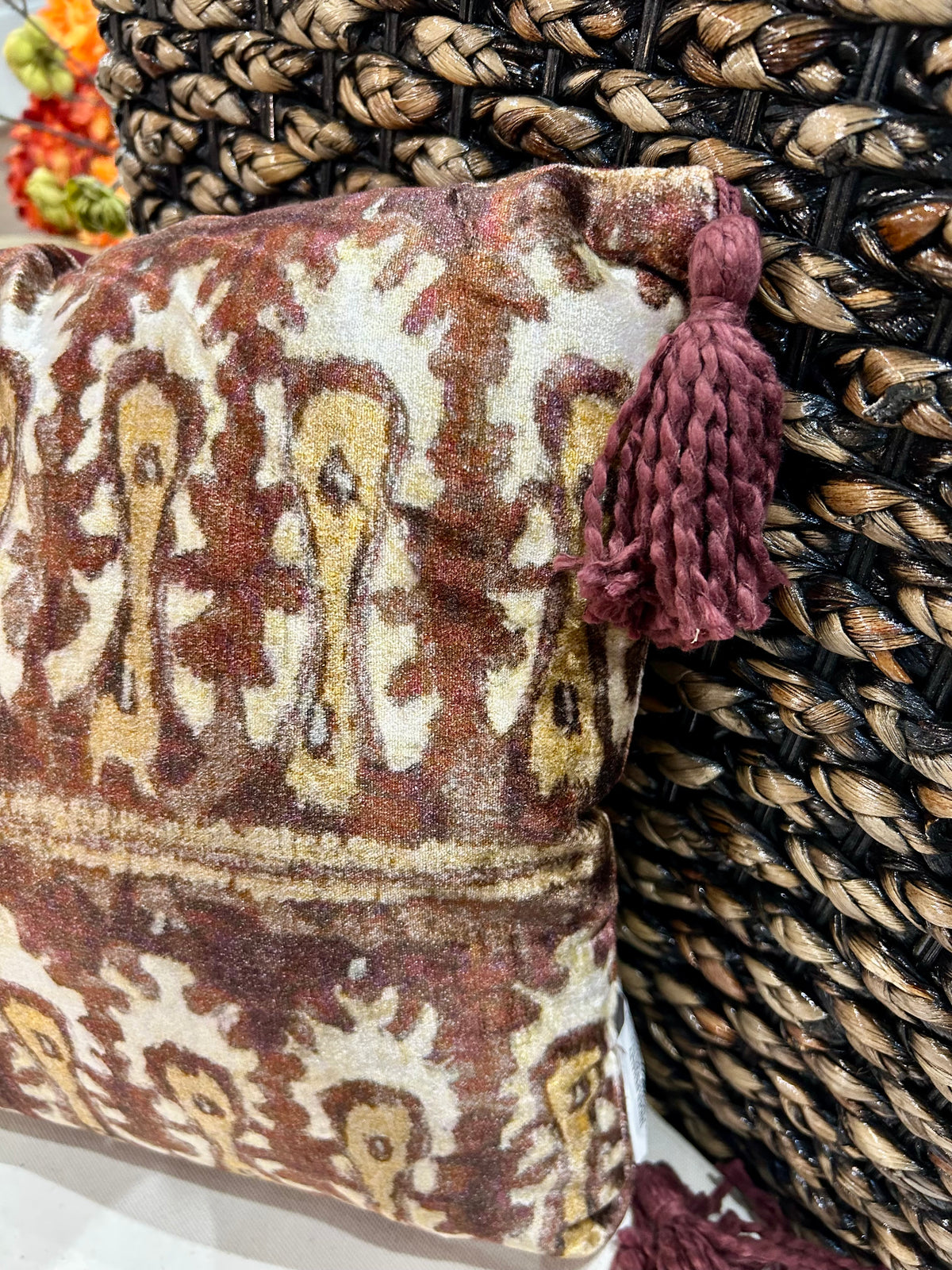 Cotton Velvet Ikat Printed Lumbar Pillow w/ Tassels