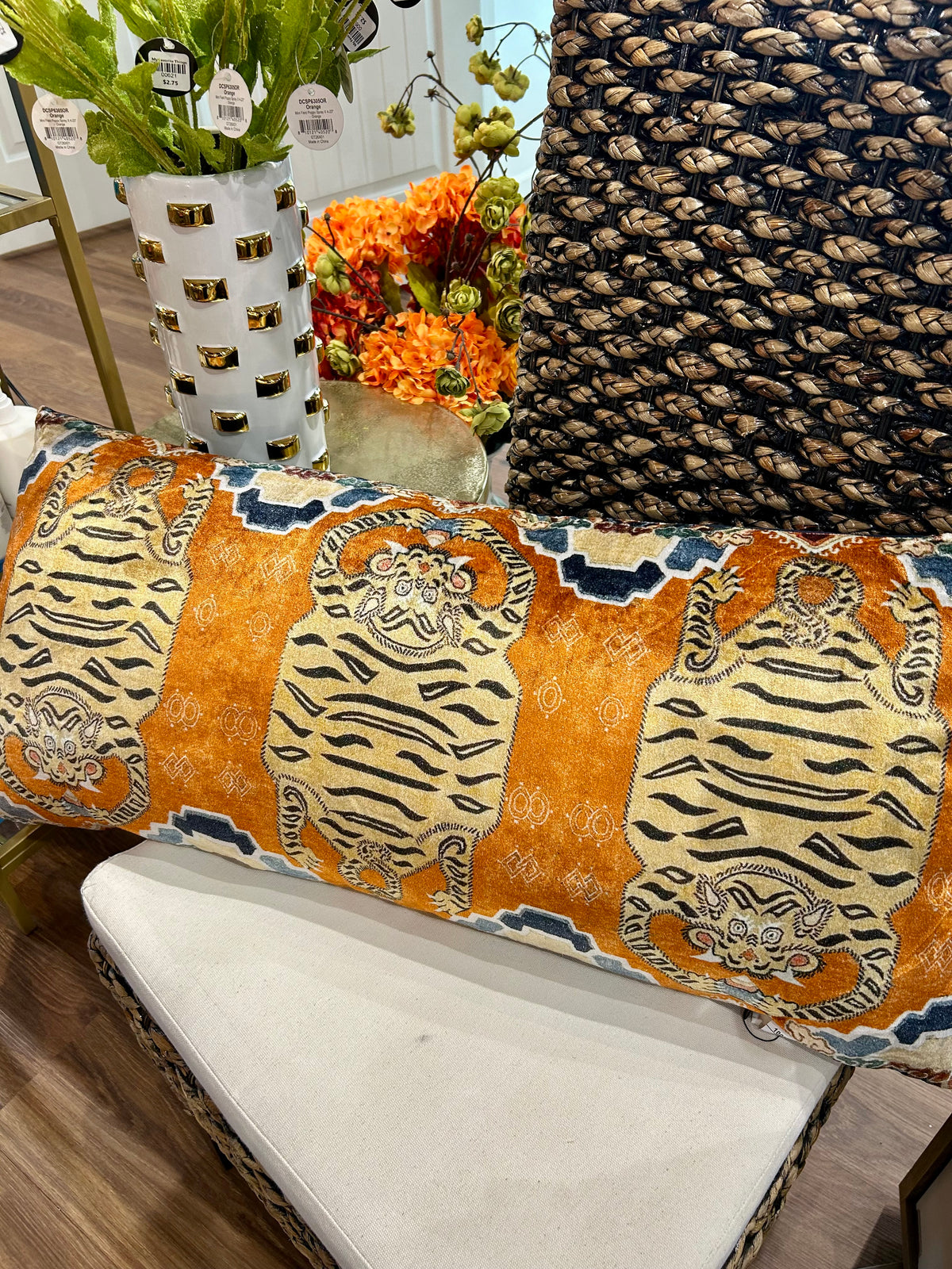 Cotton Velvet Tiger Printed Lumbar Pillow