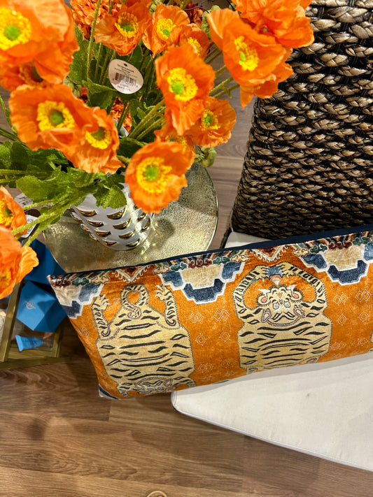 Cotton Velvet Tiger Printed Lumbar Pillow