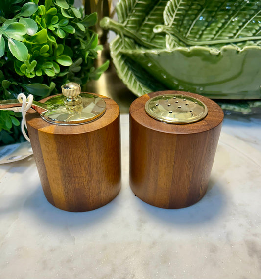 Acacia Wood Salt Shaker & Pepper Mill, Natural & Gold Finish, Set of 2