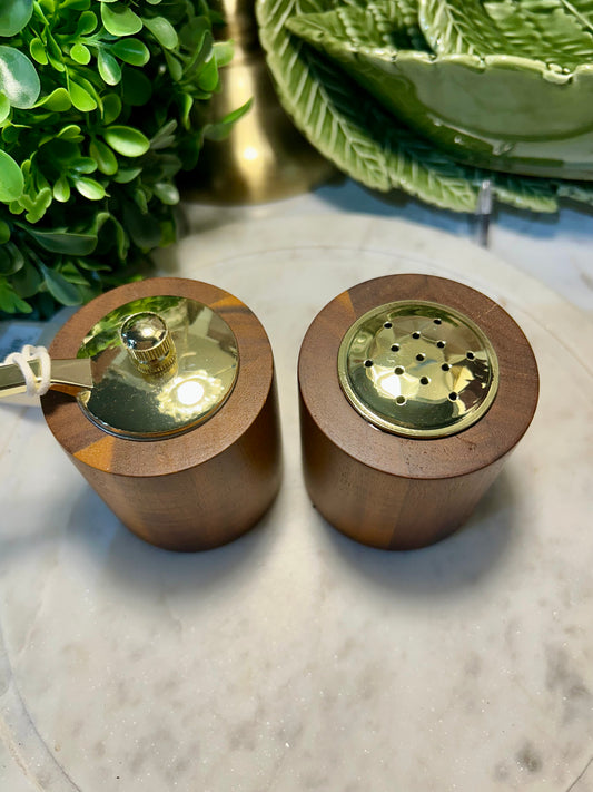 Acacia Wood Salt Shaker & Pepper Mill, Natural & Gold Finish, Set of 2