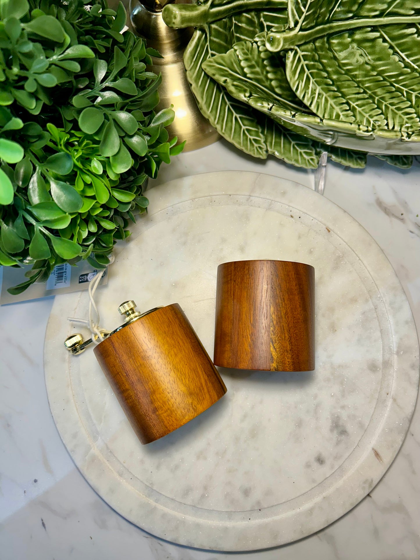 Acacia Wood Salt Shaker & Pepper Mill, Natural & Gold Finish, Set of 2