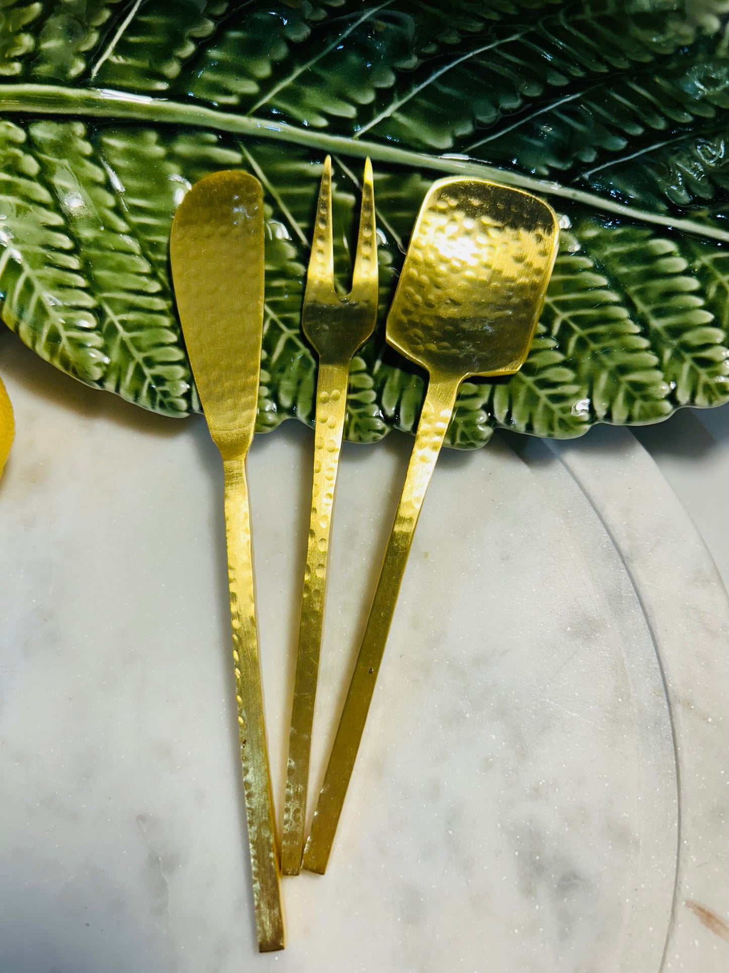 Hammered Stainless Steel Appetizer Utensils, Gold Finish, Set of 3