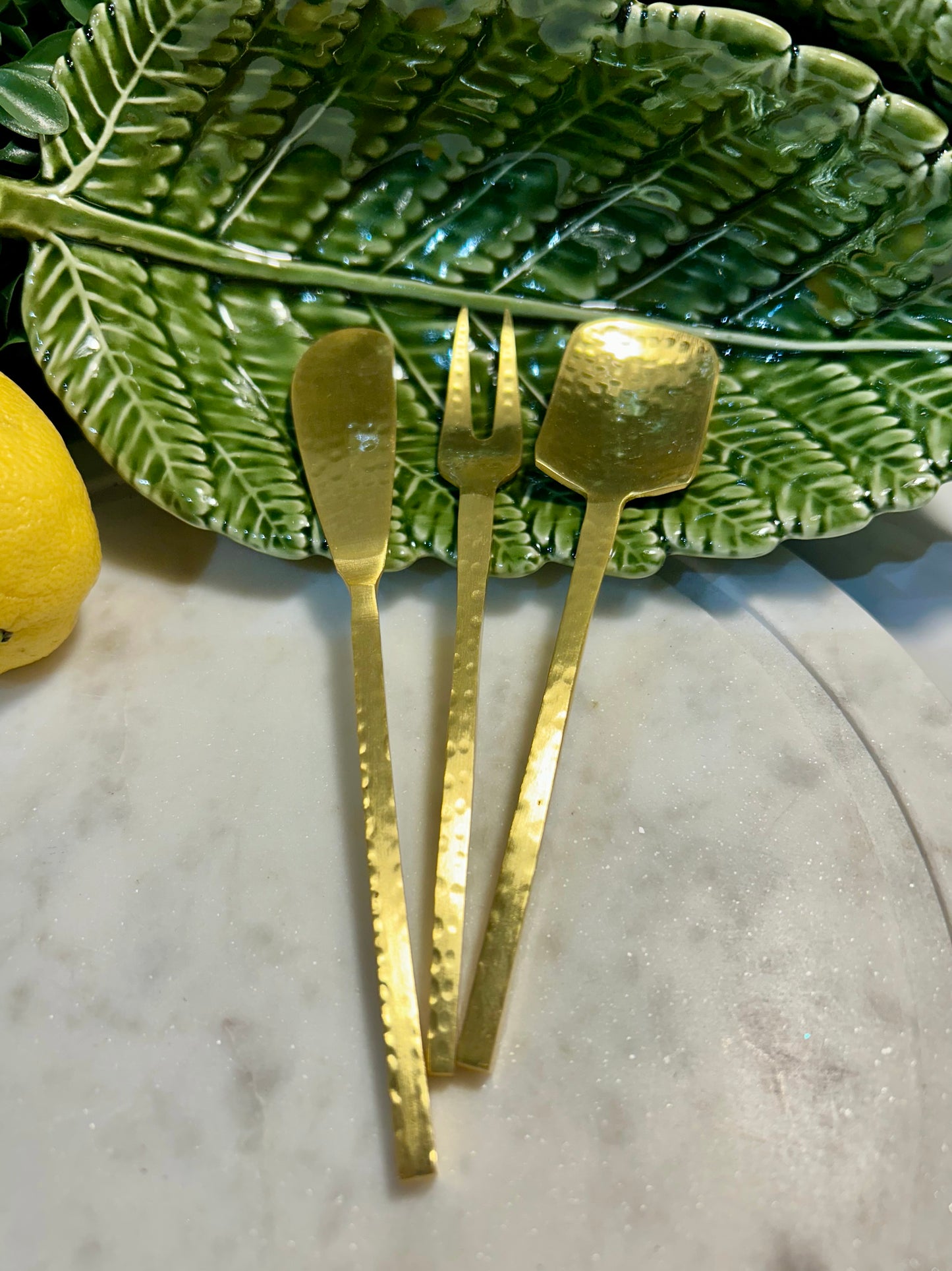 Hammered Stainless Steel Appetizer Utensils, Gold Finish, Set of 3