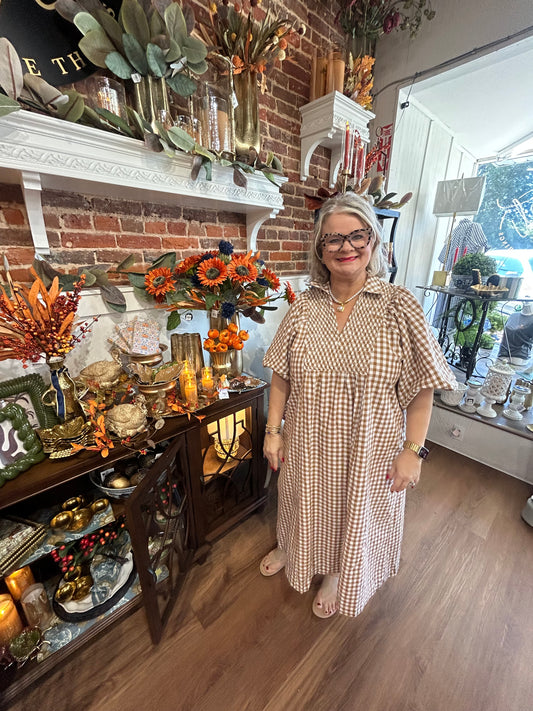 Mocha Gingham Midi Dress