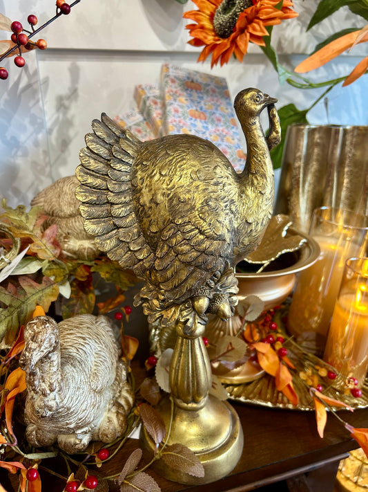 Gold Resin Turkey on Pedestal
