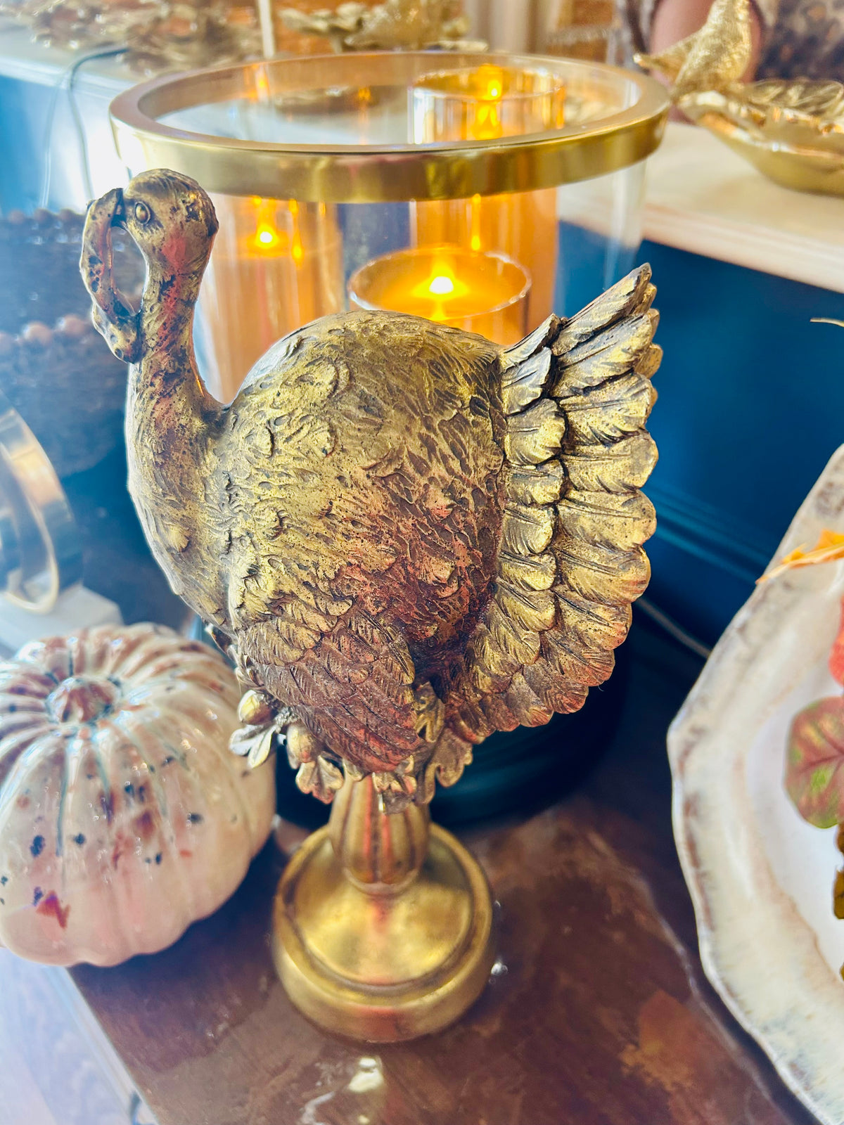 Gold Resin Turkey on Pedestal