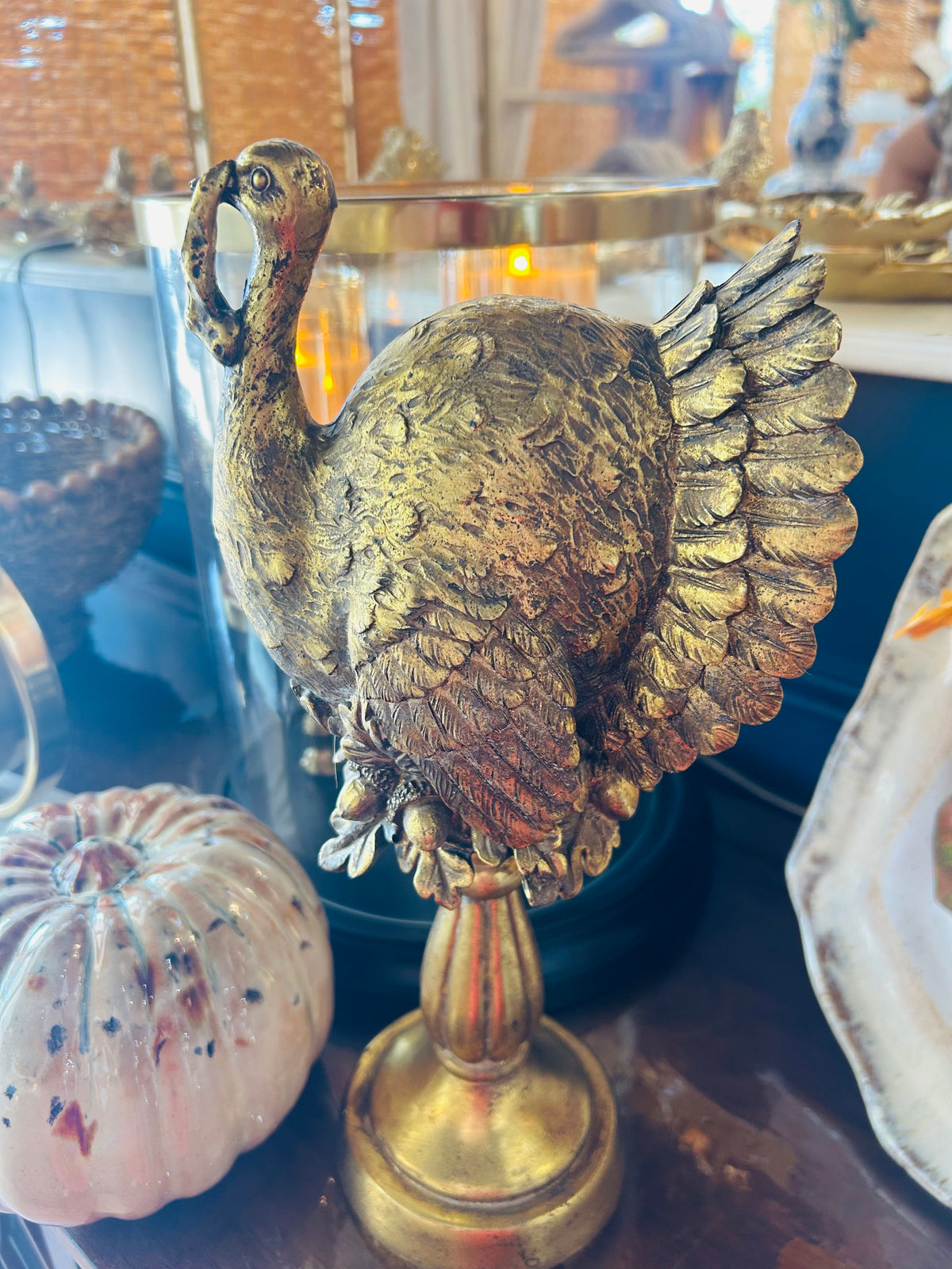 Gold Resin Turkey on Pedestal