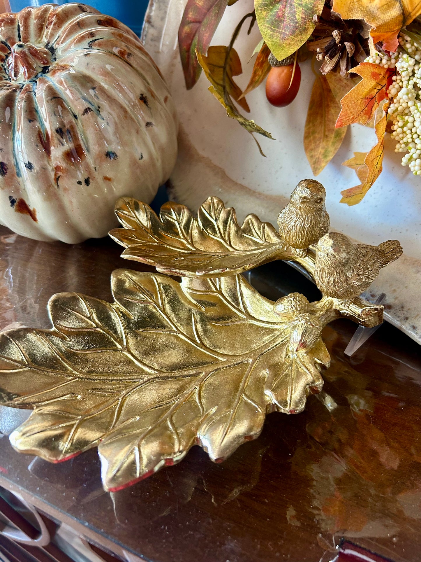 Gold Resin Leaf Tray w/Birds