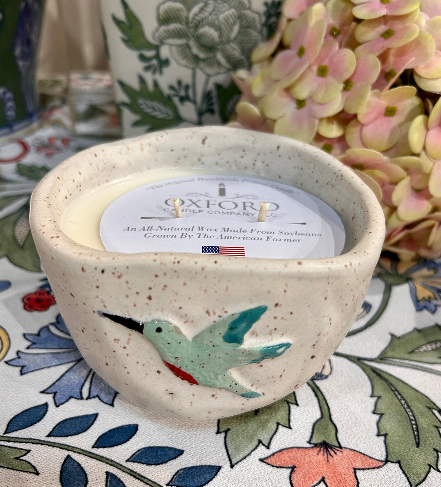 Large Hummingbird Handmade Pottery Candle- White